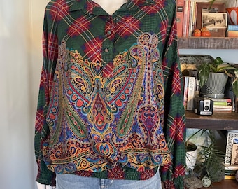 Vintage 80s Your Way Fashions Plaid Paisley Blouse Dolman Sleeve Elastic Hem