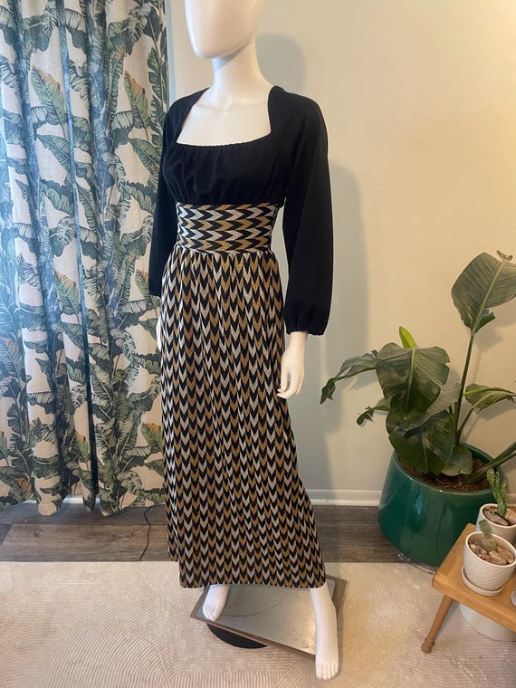 gold and black chevron dress Vintage 1970s Metallic Lurex Maxi Disco Glam Studio 54 Silver Cocktail dress