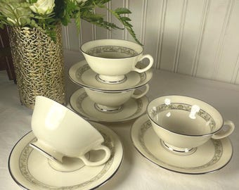 Set of 4 Lenox "Springdale" Teacups & Saucers Platinum Trim Made in USA Fine China Elegant Dinnerware
