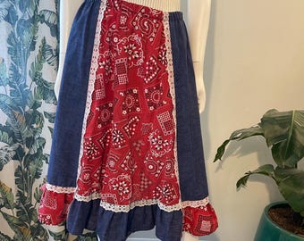 Vintage 70s Carefree Fashions Scottsdale AZ Bandana & Faux-Denim Ruffle Skirt Country Americana
