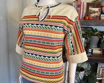 Vintage 70s Colorful Fair Isle Geometric Knit Top Metallic Silver Keyhole Tie Neck Elbow Sleeve Small