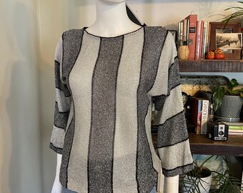 Vintage 70s Even Even Paris Metallic Lurex Striped Knit Top - Semi Sheer Dolman Disco Glam Party Small Medium