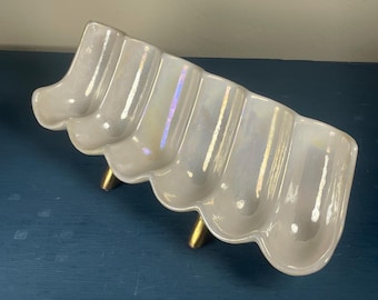 Vintage 50s 60s Italian Abachina Iridescent Ceramic Trough Vanity Tray Gold Feet Hollywood Regency Brush Holder