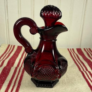 Vintage Avon Cape Cod Ruby Red Glass Cruet Pitcher Bottle - 1876 Collection Small 5 oz Decanter with Stopper - Grandmillennial Gothic Vanity