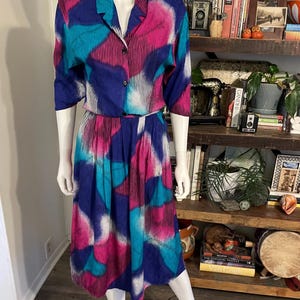 Vintage 80-tals Rafferty abstrakt juveltonat tvådelat set | Rayonblus och midikjol | Storlek XS
