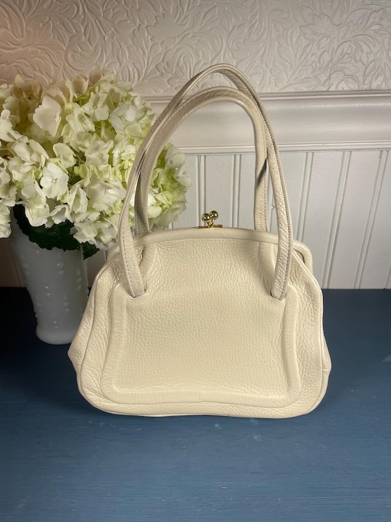 Vintage 60s Justin Top Grain Cowhide Leather Purse | Cream Off-White Gold Accent Frame Kelly Bag Midcentury
