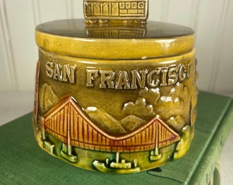 Tarro de cerámica vintage de San Francisco con tapa - Azucarero/caja de baratijas de recuerdo de tranvía de mediados de siglo, kitsch californiano de los años 60