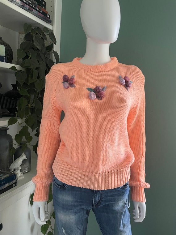 Bright Peach 80s 90s Knit Top Sweater M Yarn Knitt