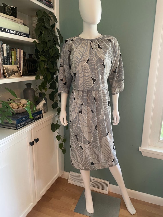 Beautiful 80s Blouson Top Dress Black White Leaf Pattern Diane Roberts L XL Etsy Canada