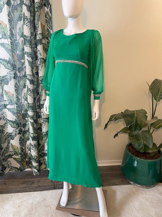 emerald green chiffon maxi dress Vintage 1960s/70s – Cape Back & Beaded Trim Gown Formal Event Holiday Party colour-purple Lightweight woven chiffon shapes Colour:Maui Ivory Turtleneck Bell Sleeve Wedding guest