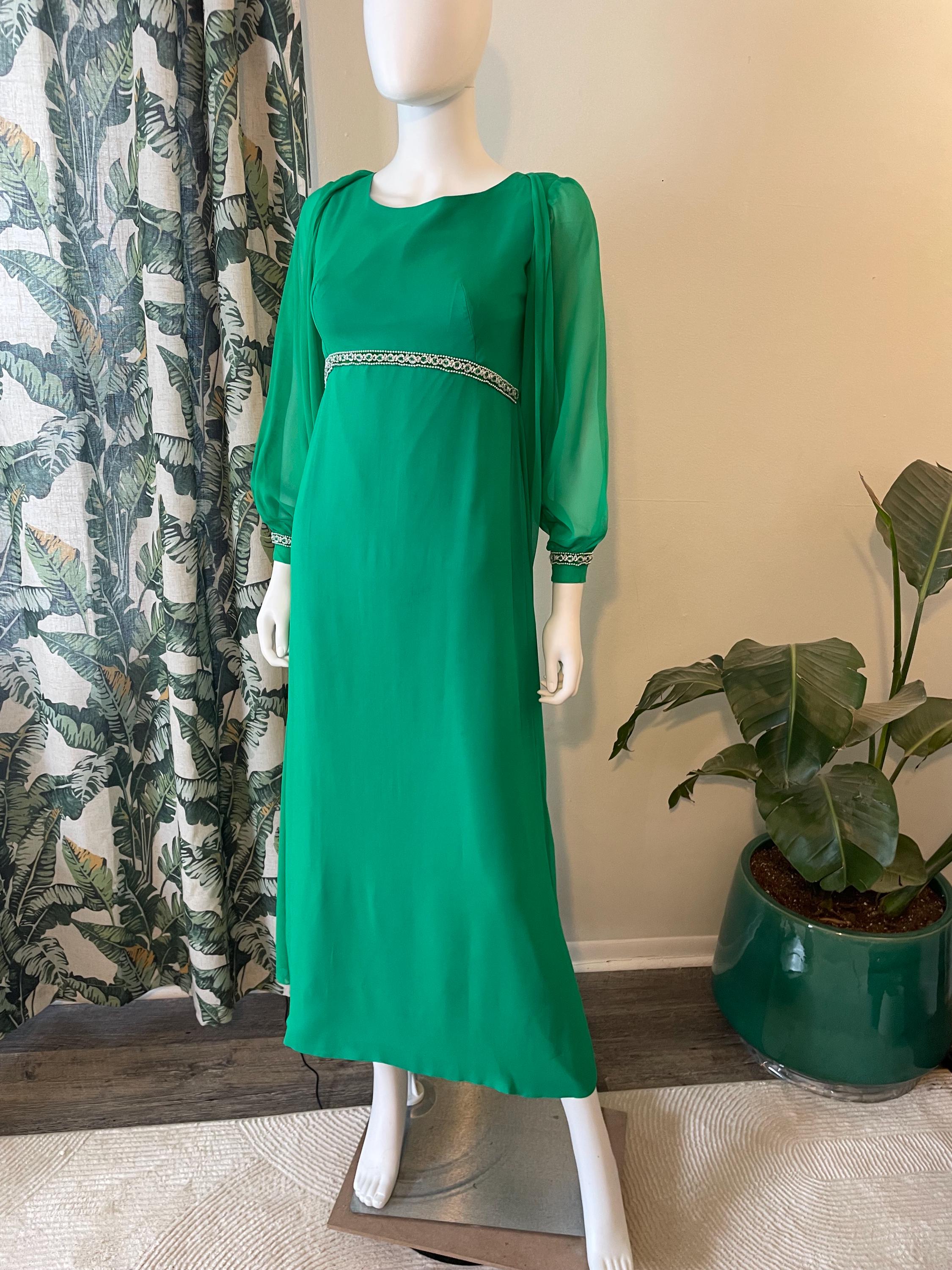 green 70's dress Vintage 1960s/70s Emerald Chiffon Maxi – Cape Back & Beaded Trim Gown Formal Event Holiday Party 70's 1970s cocktail dress