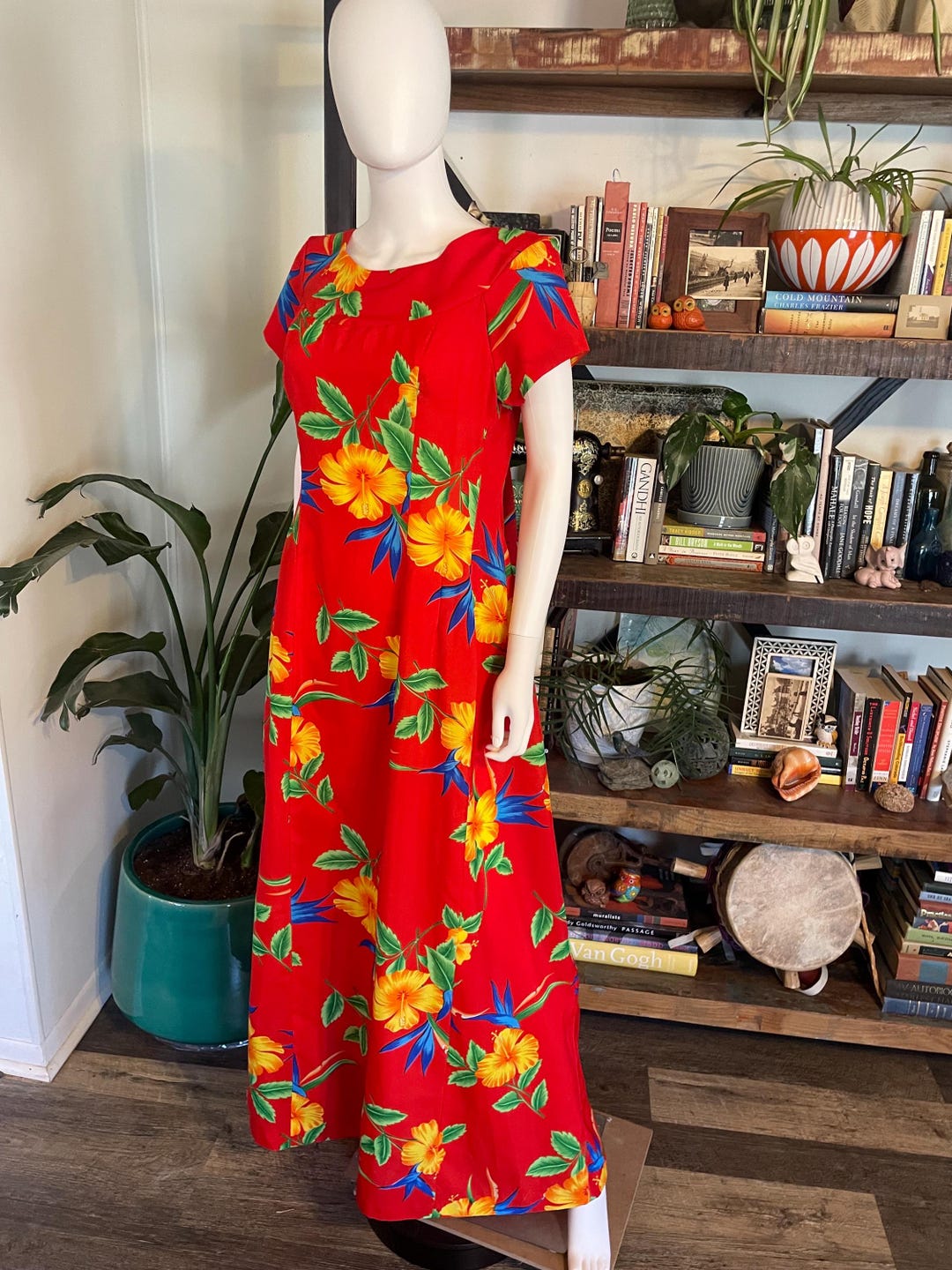 Vintage 70s Hawaiian Maxi Dress Tropical Floral Resort Luau Tiki Made ...