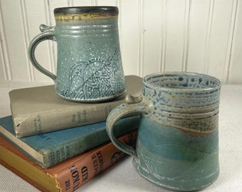Set of 2 Studio Pottery Mugs Artist Signed Green Teal Speckled Glaze Handcrafted Stoneware Coffee Cups