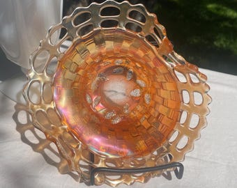 Vintage Marigold Carnival Glass Open Lace Edge Bowl - Basketweave & Berries Pattern Antique