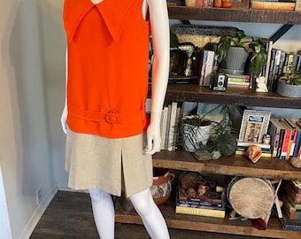 Vintage 60s Bright Orange & Natural Linen Mod Drop Waist Dress - Dagger Collar