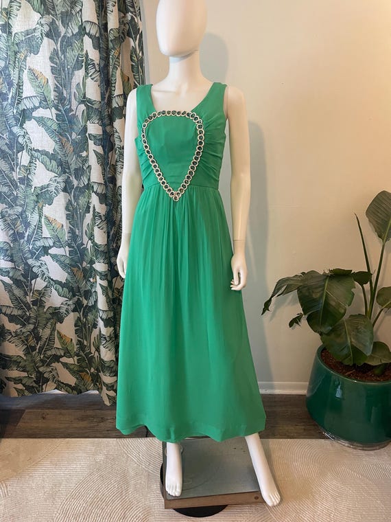 parrot green dress for women Vintage 1960s Bright Chiffon Hostess Gown – Jeweled Bodice sleeveless cocktail dress