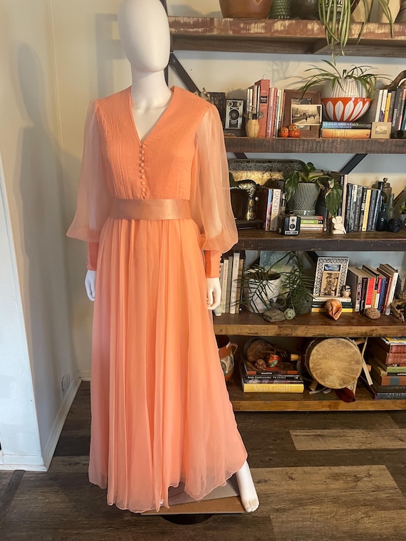 Vintage Designer 70s Mollie Parnis Peach Chiffon Gown John Baldwin Boutique Long Dress Sheer Bishop Sleeves Romantic Maxi