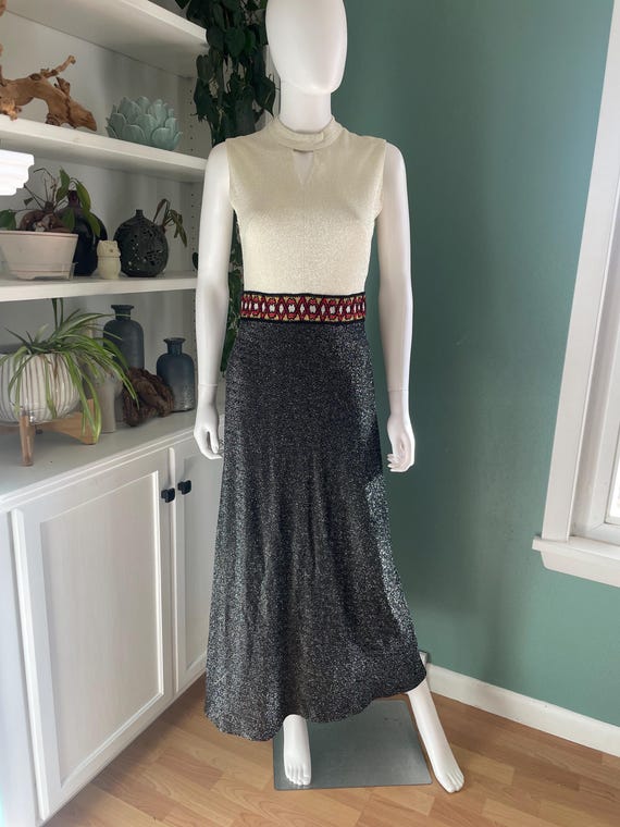 Gorgeous Maxi Dress Vintage 70s Sparkly Shimmer Metallic Small Keyhole Long Sleeveless Union Label Gorgeous Maxi Dress Vintage 70s Sparkly Shimmer Metallic Small Keyhole Long Sleeveless Union Label