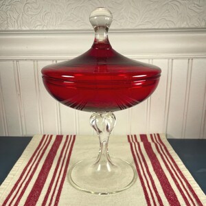 Piatto vintage italiano in stile Empoli con coperchio in vetro rosso rubino, porta caramelle, metà secolo.