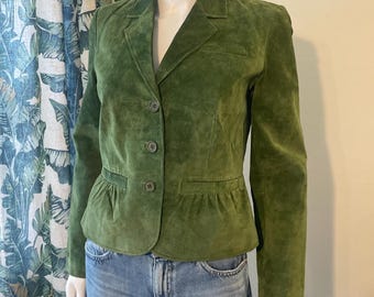 vintage des années 90 Margaret Godfrey pour Bloomingdale's vert daim veste cuir