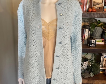Vintage 70s Park Way Knit Baby Blue Pointelle Chevron Cardigan Sweater USA Made Grandmacore Granny Chic Cottagecore Layer