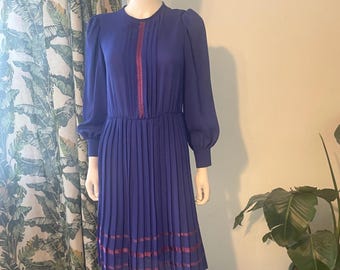 Vintage 70s 80s Zizi Petites Purple Pleated Midi Dress Ribbon Trim Long Sleeve S