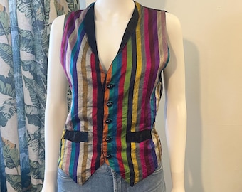 Vintage 80s 90s Rainbow Striped Raw Silk Style Waistcoat Vest Jewel Tone Tuxedo Vest Small