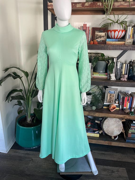 Vintage 70s Mint Green Maxi Dress with Lace Sleeves Mod Gown Prom Formal