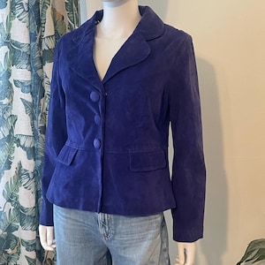 Vintage Y2K Live a Little LAL Purple Suede Leather Jacket, Royal Purple Fitted Peplum Blazer Coat, Covered Button Snap Front, Petite Large