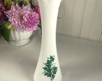 Vintage 60s Milk Glass Bud Vase Green Ivy Leaves Scalloped Beaded Rim 8.75 Inch Flower Vase
