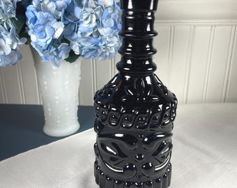 Vintage 60s Jim Beam Black Glass Decanter Bottle KY-DRB-230 Indiana Glass Embossed Tiki Scroll Barware 10 Inch