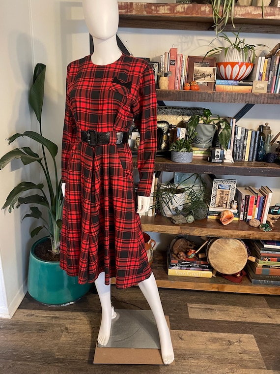 navy blue dress for baby girl Vintage 80s 90s Jody Plaid Dress Red & Black Tartan Midi Dress Pockets Belt Small
