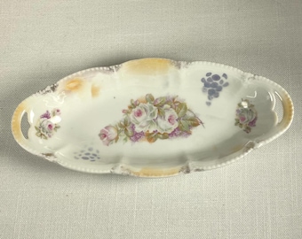 Antique 1900-1920s German Porcelain Oval Dish Pink Roses Iridescent Lusterware Handled Celery Relish Tray Made in Germany
