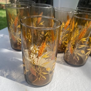 Vintage 60s 70s Anchor Hocking Set of 8 Triguba Tawny Wheat 5" Tall Glasses Golden Wheat