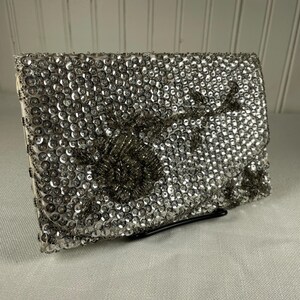 Vintage 50s 60s Hand Made Silver Sequined Clutch with Glass Beaded Roses - Made in Hong Kong