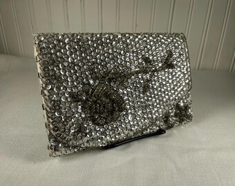 Vintage 50s 60s Hand Made Silver Sequined Clutch with Glass Beaded Roses - Made in Hong Kong