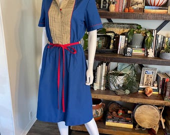 Vintage 70s Royal Blue Red Tan Pleated Tuxedo Bib Shirt Waist Dress Removable Sash and Pockets