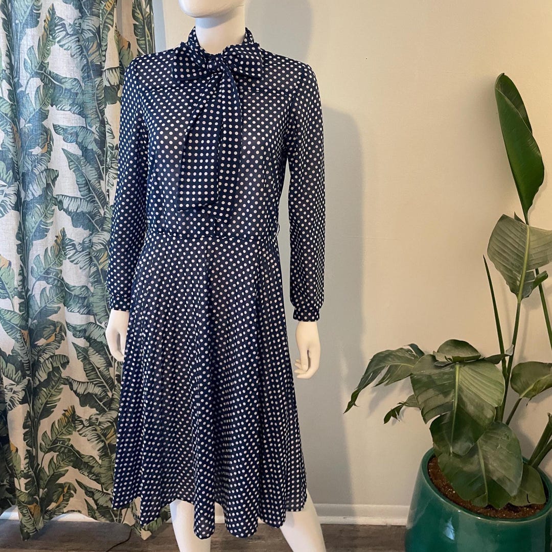 Vintage 70s 80s Navy Blue & White Polka Dot Tie-neck Dress | Retro ...