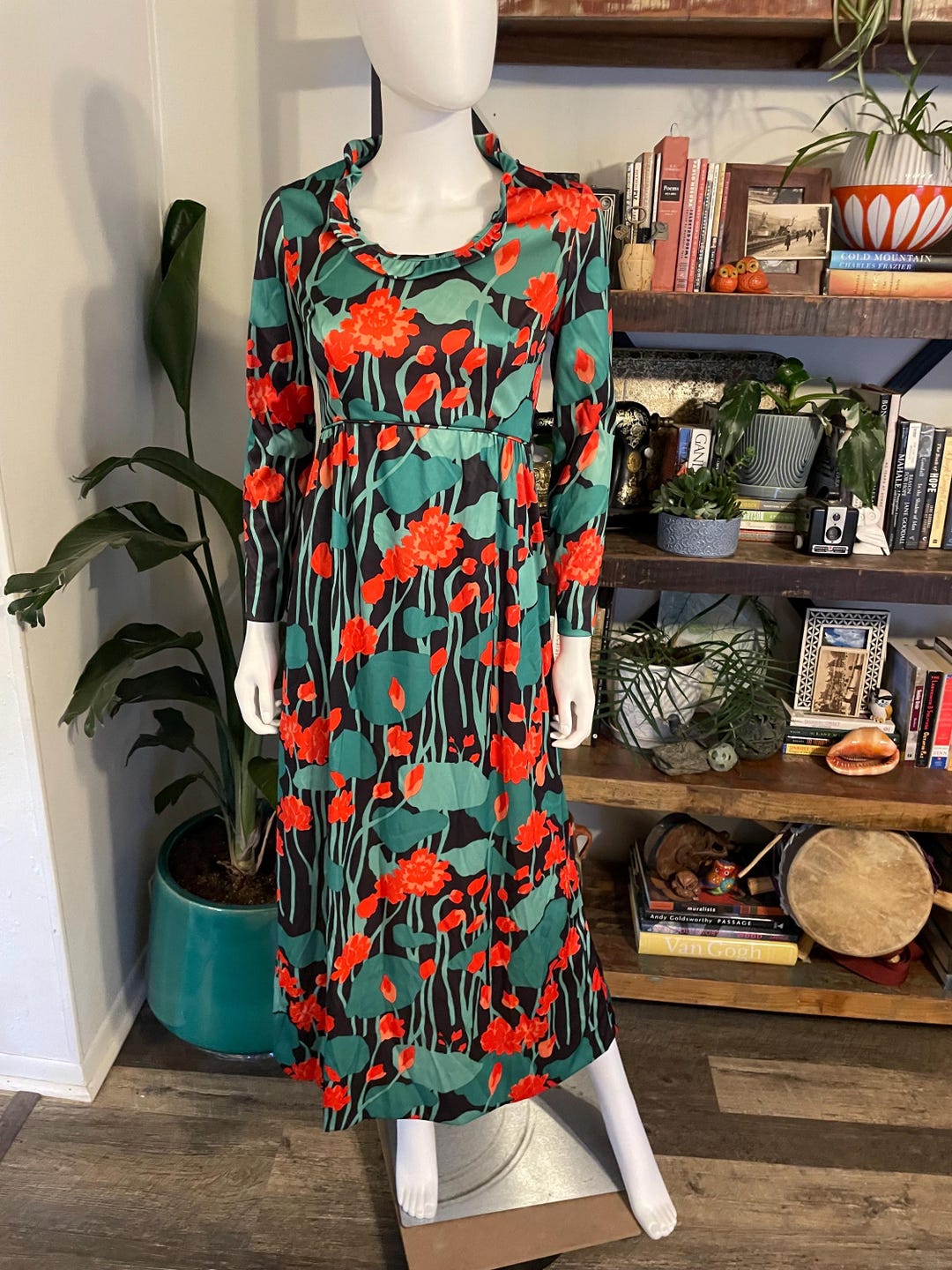 Mod Italian Designer Maxi Dress Vintage 60s 70s Emilio Borghese Roma Vibrant Bold Floral Gown Empire Waist