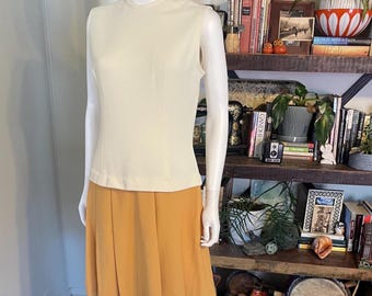 Vintage 60s Mod Cream & Marigold Yellow Drop Waist Shift Dress - Pleated Skirt