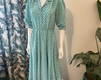 Vintage 80s Mint Green & Navy Polka Dot Midi Dress - Petites by Willi Size 6