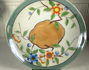 Vintage 20s 30s Art Deco Japanese Lusterware Hand Painted Floral Fruit Plate Handled Cake Plate Made in Japan