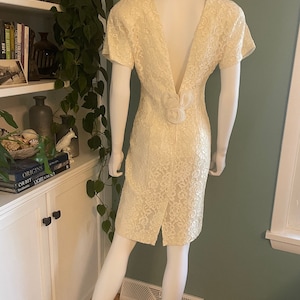 Stunning Romantic 80s Dress Cream Lace Low Back Rosettes Wedding Cocktail Small