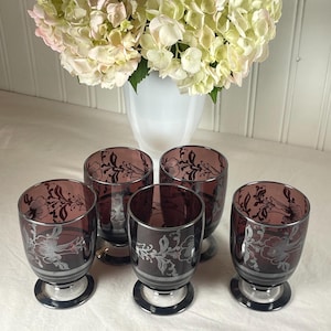 Set of 5 Vintage Purple Footed Glasses Silver Floral Design Grape Purple Tumblers Mid-Century Modern Stemware Amethyst Cordials Barware