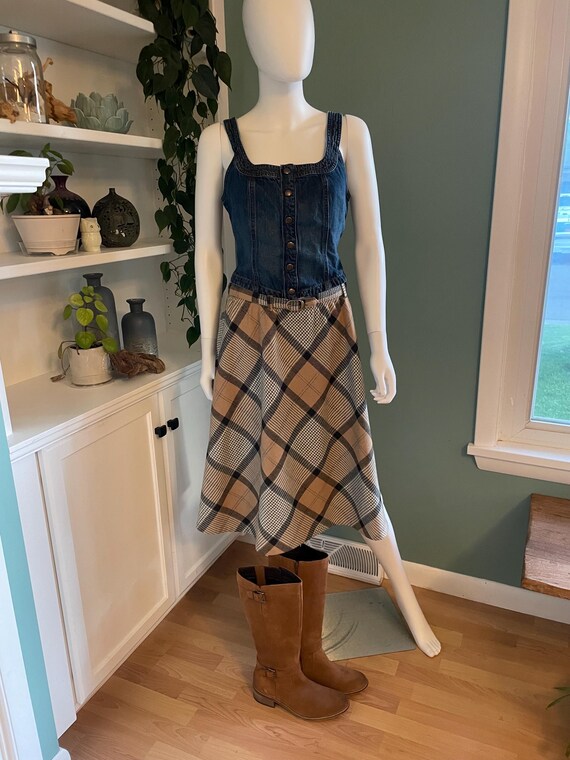 Fall Plaid Tan Cream Belted Vintage 70s 80s Skirt Midi Union Label