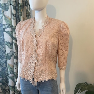 Vintage 80s 90s Cachet by Bari Protas Floral Lace Blouse or Appliqué Jacket | Size 15/16 | Made in USA