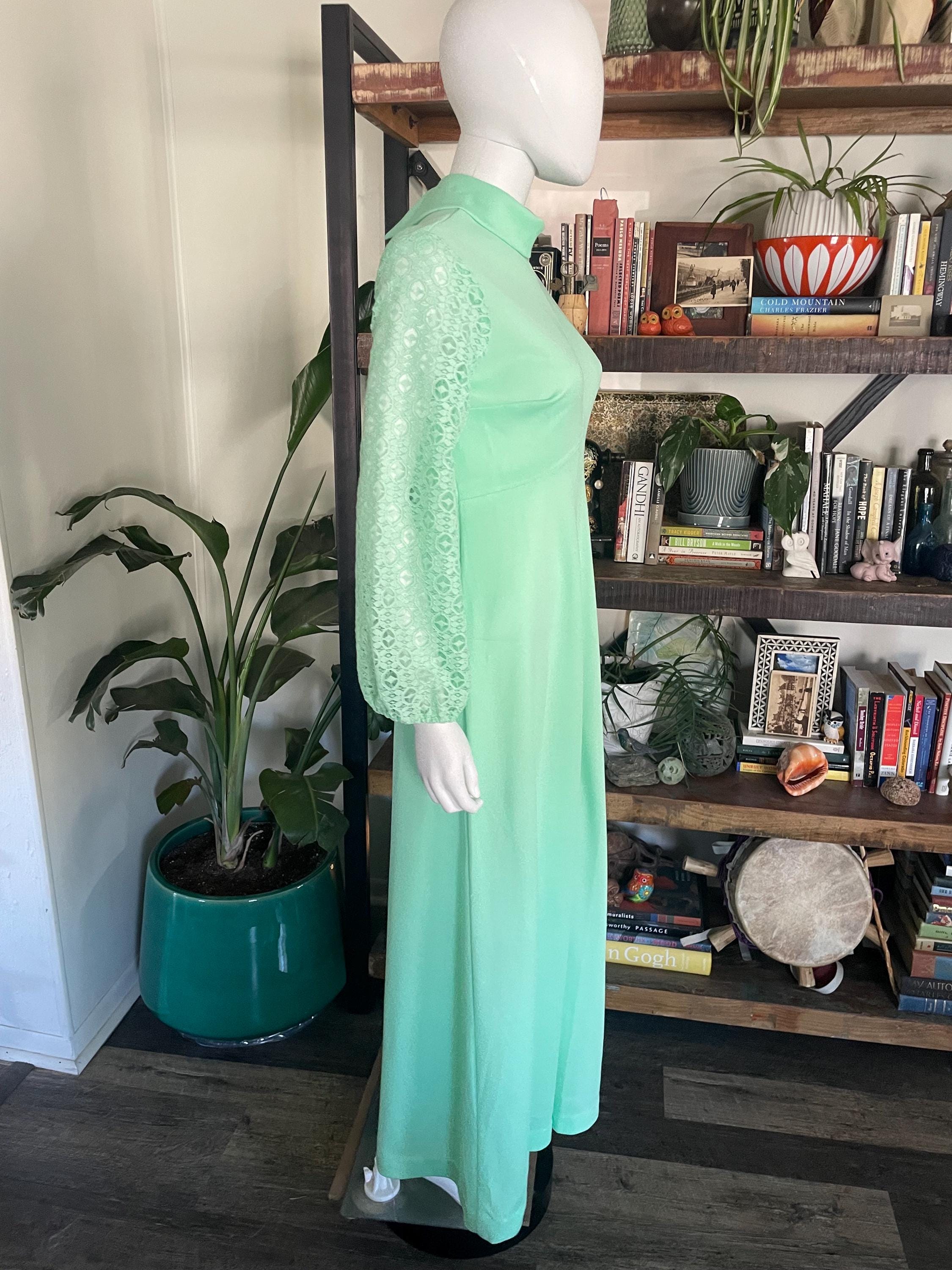 mint green maxi dress long sleeve Vintage 70s With Lace Sleeves Mod Gown Prom Formal RSH-03.17.25