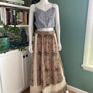 Floral Print 70s Long Peasant Skirt Boho Prairie Western Lace Eyelet Medium