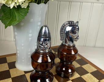 Set of 2 Vintage Avon Chess Piece Bottles - The Bishop & Smart Move Knight - Amber Glass