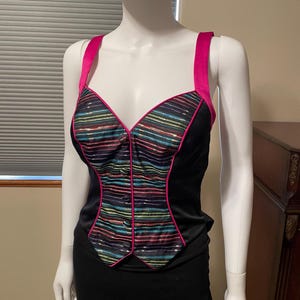 Vintage Fiesta Henderson Casino Korsett-Top Bustier Hellrosa gestreift C Cup Cocktail Kellner XS Festival Kostüm